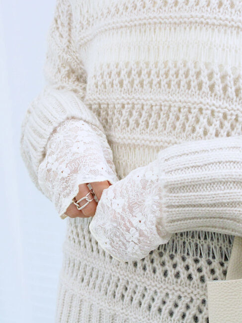 Samansa Mos2 blue「【帯電防止】袖口レースプルオーバー」|Tシャツ・カットソー|