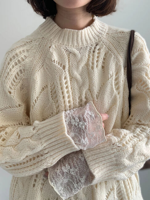 Samansa Mos2 blue「【帯電防止】袖口レースプルオーバー」|Tシャツ・カットソー|