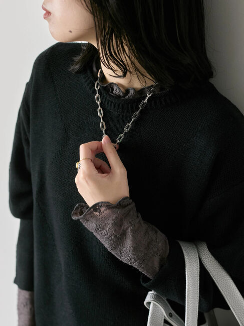 Samansa Mos2 blue「【帯電防止】袖口レースプルオーバー」|Tシャツ・カットソー|チャコールグレー