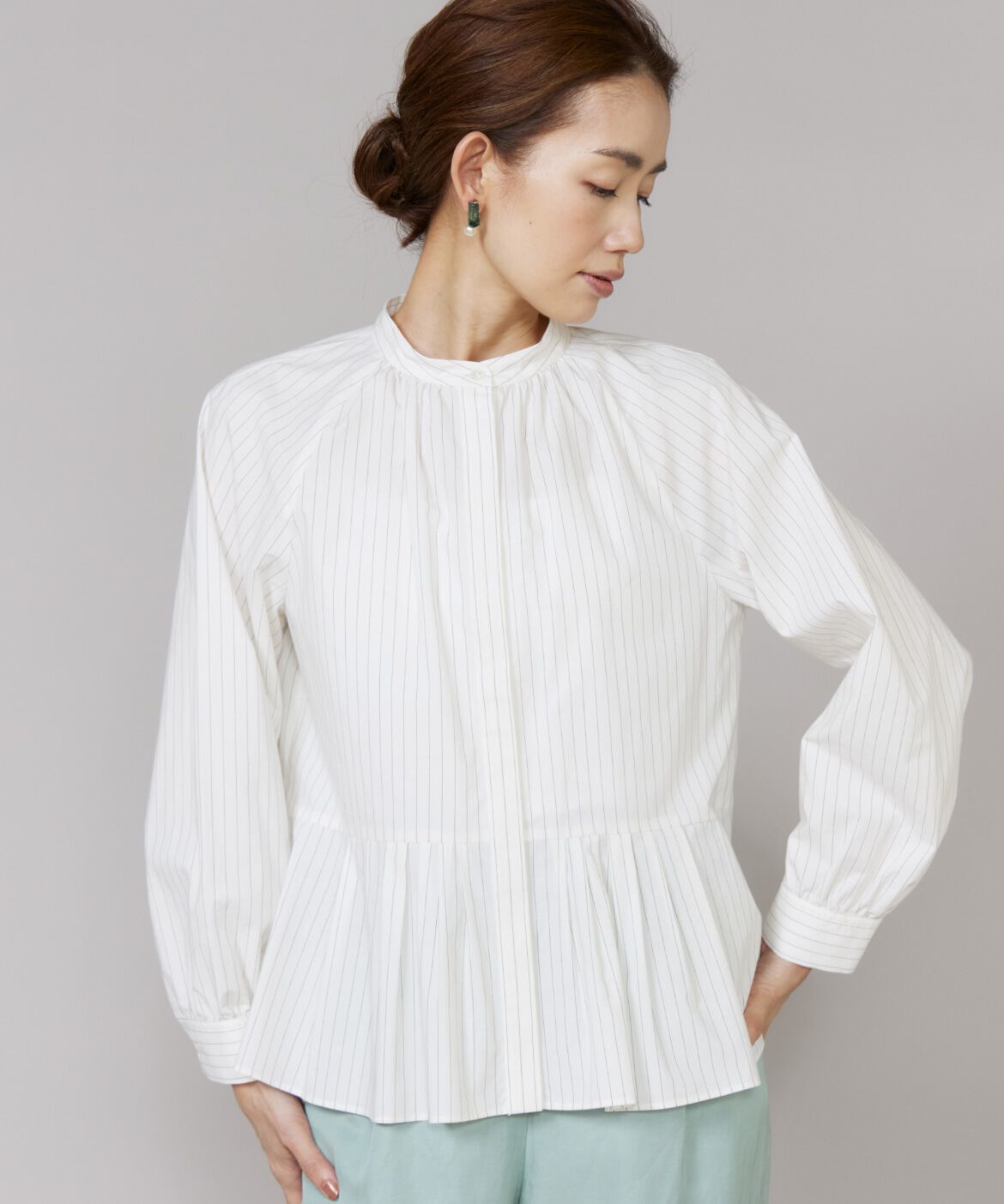 Le Souk「ストライプバンドカラーペプラムブラウス」|シャツ・ブラウス|