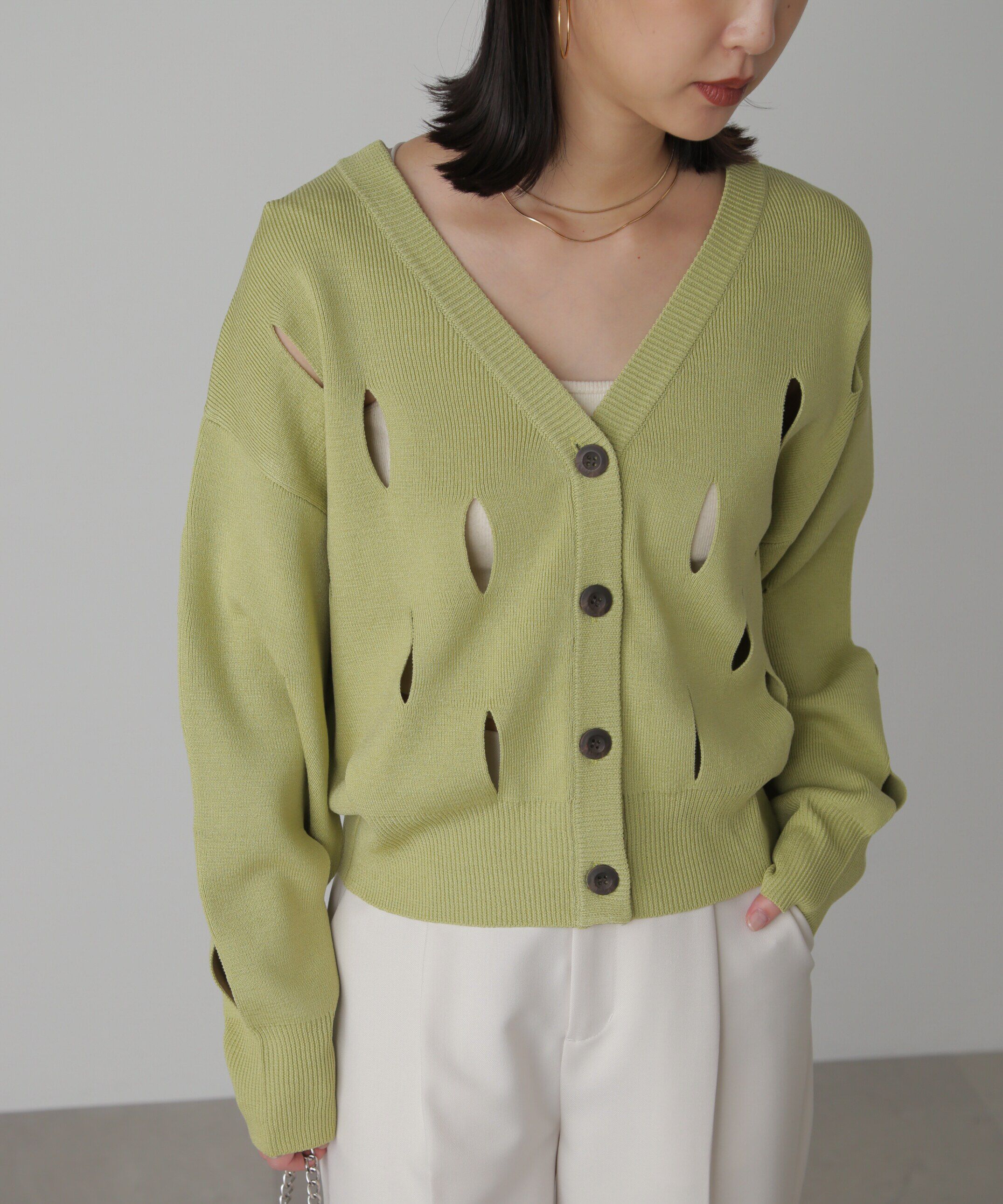  「前後2Wayカットアウトニット」|ニット・セーター|ライトグリー