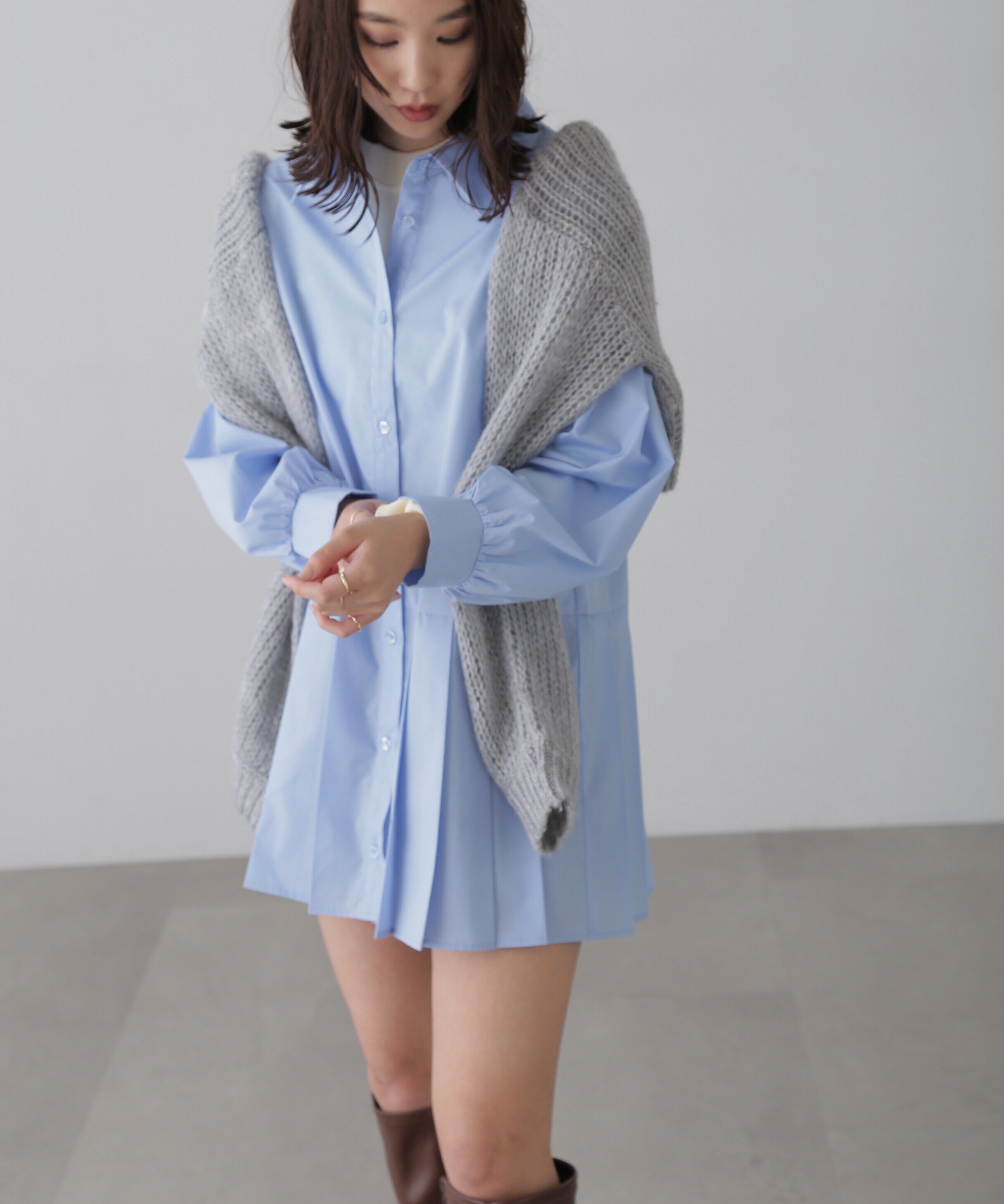  「プリーツティアードシャツミニワンピース」|ワンピース|サックス