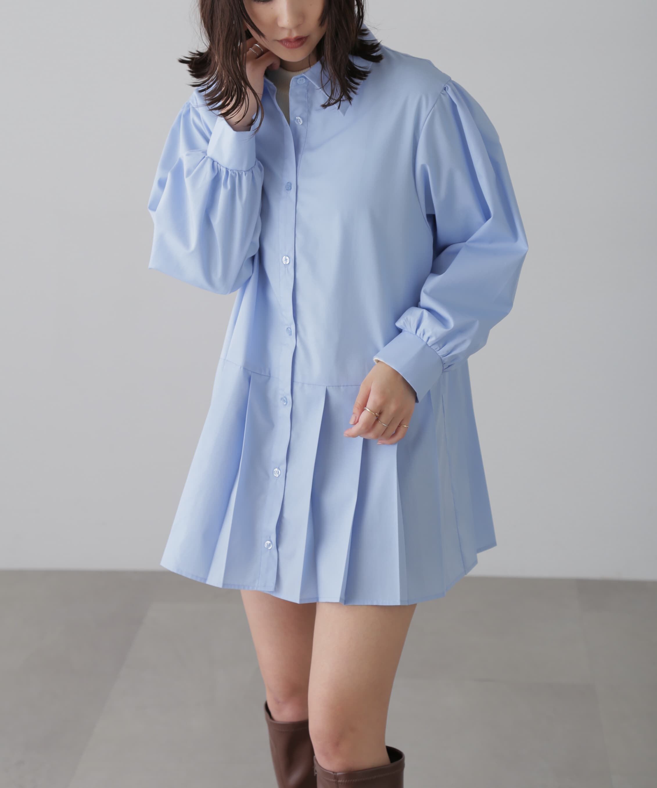  「プリーツティアードシャツミニワンピース」|ワンピース|