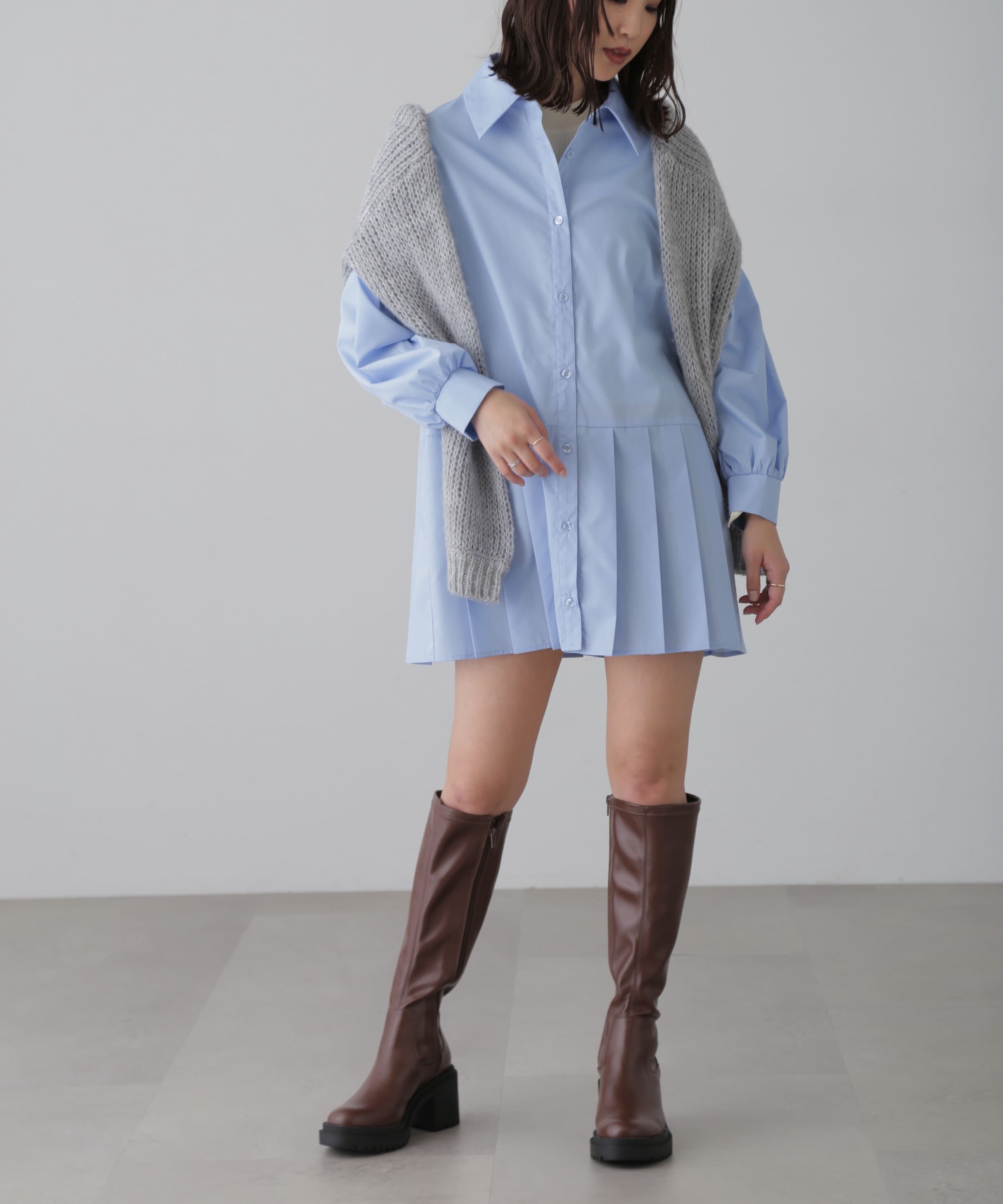  「プリーツティアードシャツミニワンピース」|ワンピース|