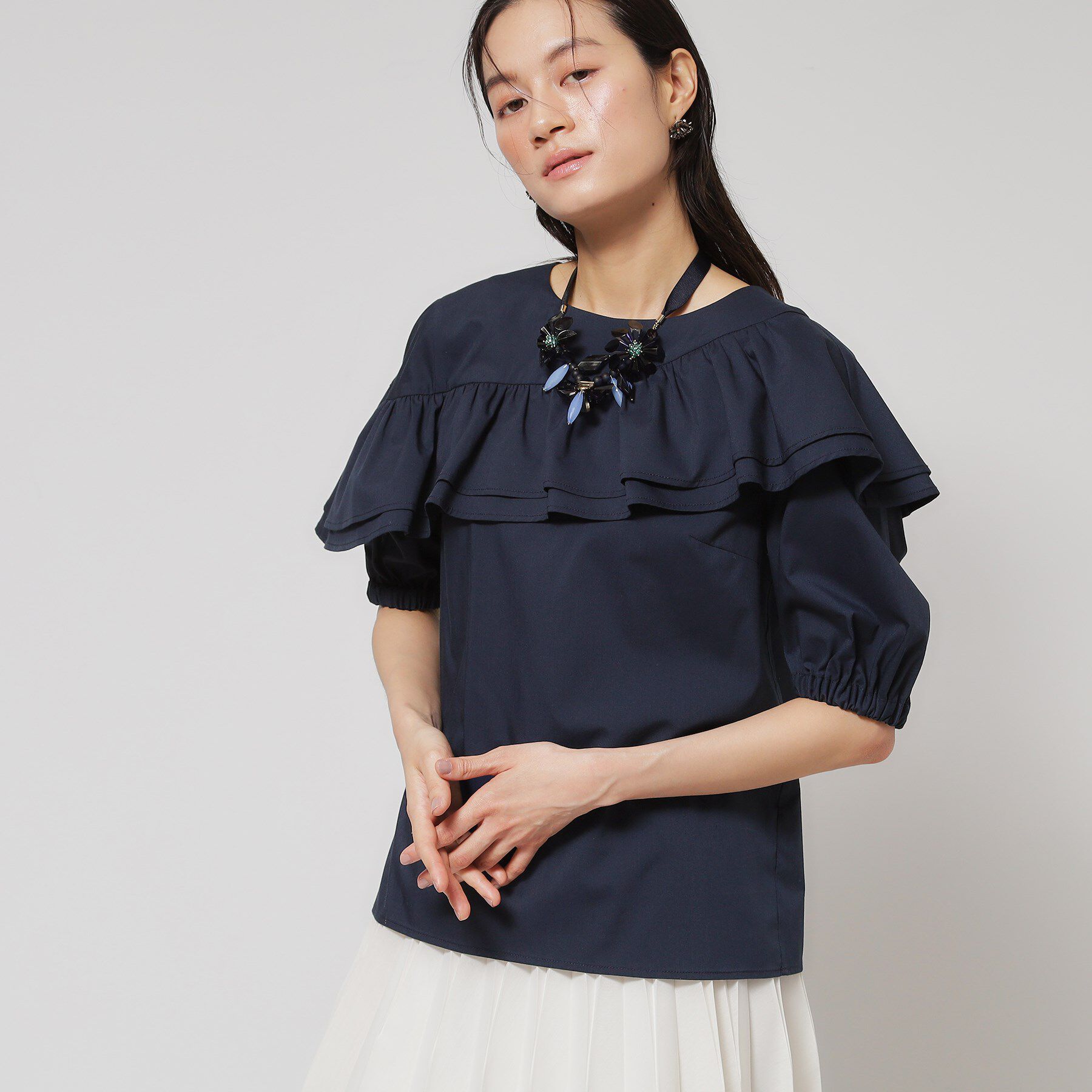 SunaUna「【洗える】アシメフリルブラウス」|シャツ・ブラウス|ネイビー(094)