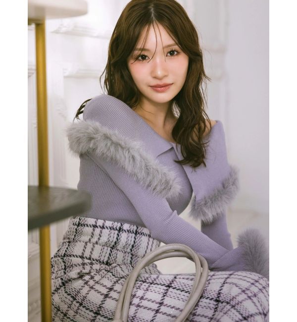 MERCURYDUO「【WEB限定カラーあり】フェイクファートリミングニット」|ニット・セーター|ライトグレー