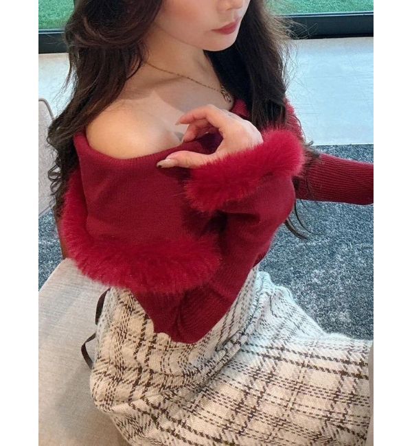 MERCURYDUO「【WEB限定カラーあり】フェイクファートリミングニット」|ニット・セーター|レッド