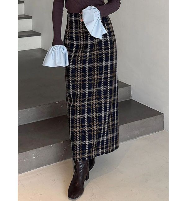 MERCURYDUO「チェックツィードタイトスカート」|スカート|ネイビー