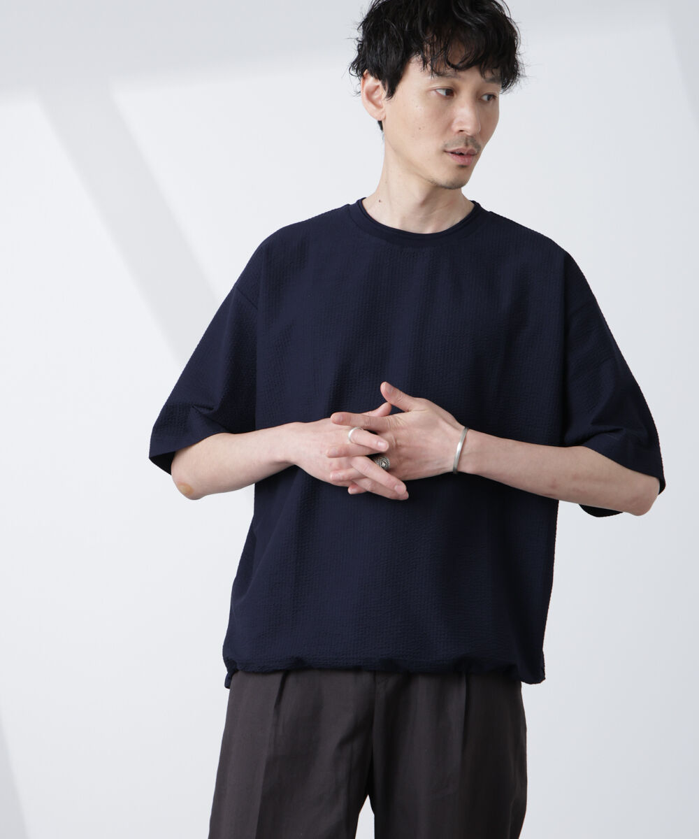 nano･universe「シルケットサッカーワイドTシャツ 半袖」|Tシャツ・カットソー|ネイビー