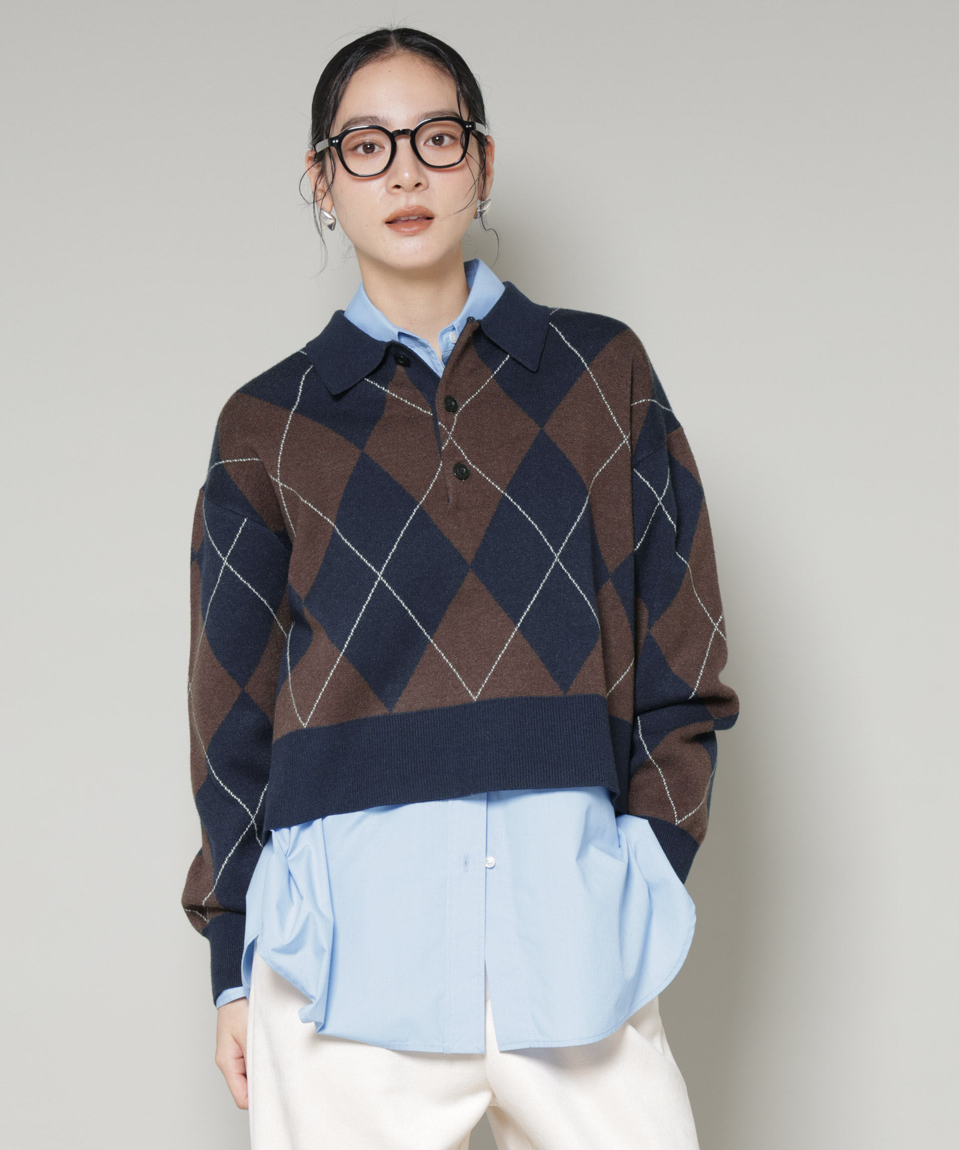 nano･universe「アーガイルワイドポロニット」|ニット・セーター|ネイビー