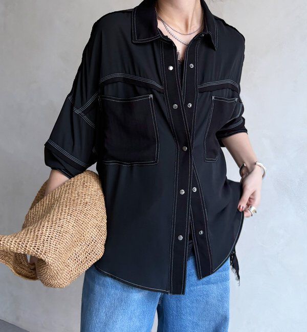  「【WEB限定】異素材切替テープブラウス」|シャツ・ブラウス|ブラック