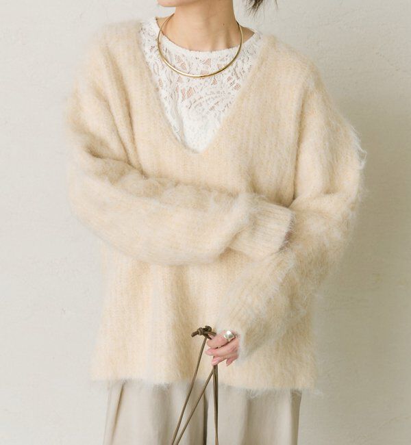  「起毛Vネックニットプルオーバー」|キャミソール|ライトベージュ