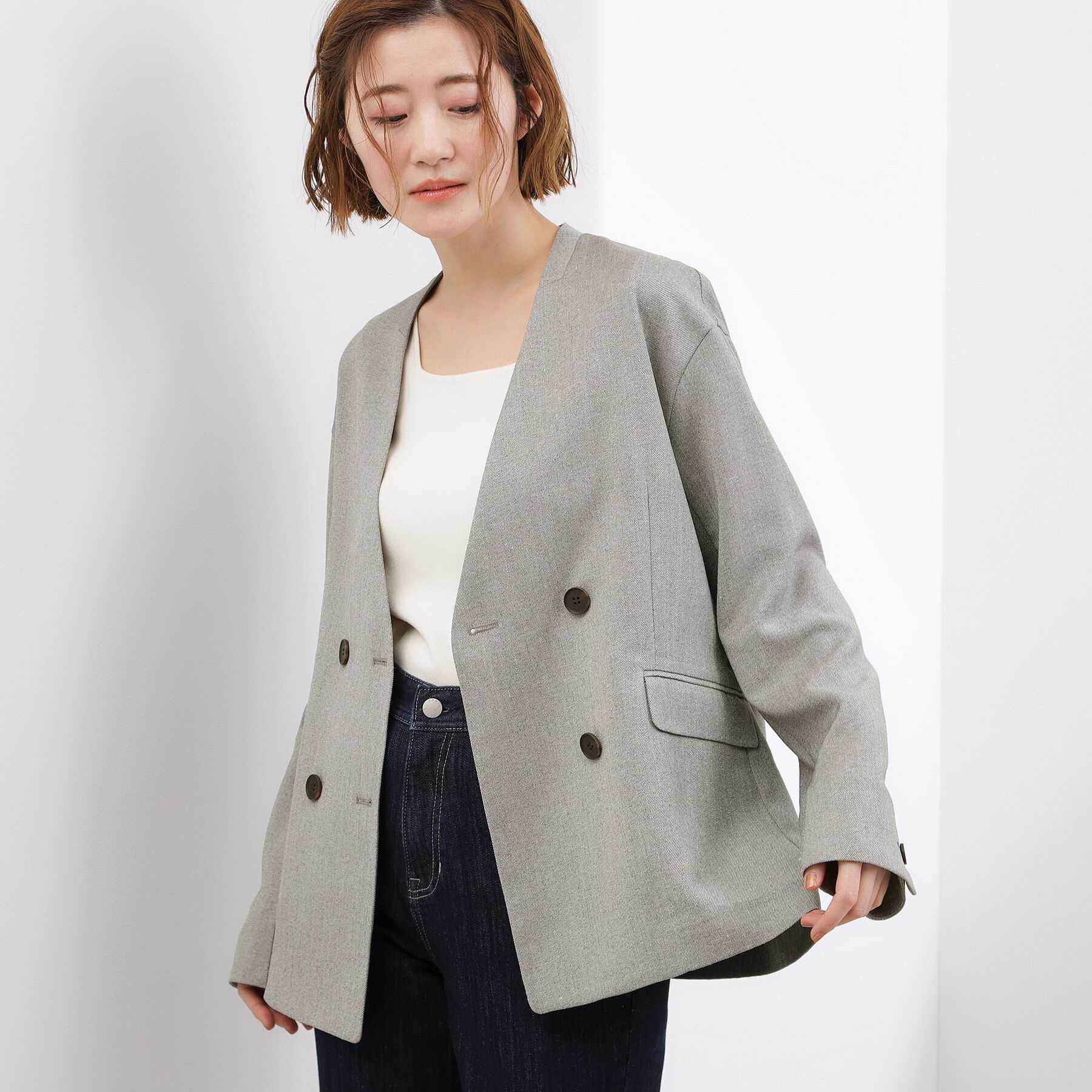 grove「【貴島明日香さん着用】リネンライクカラーレスジャケット」|ノーカラージャケット|グレー(012)