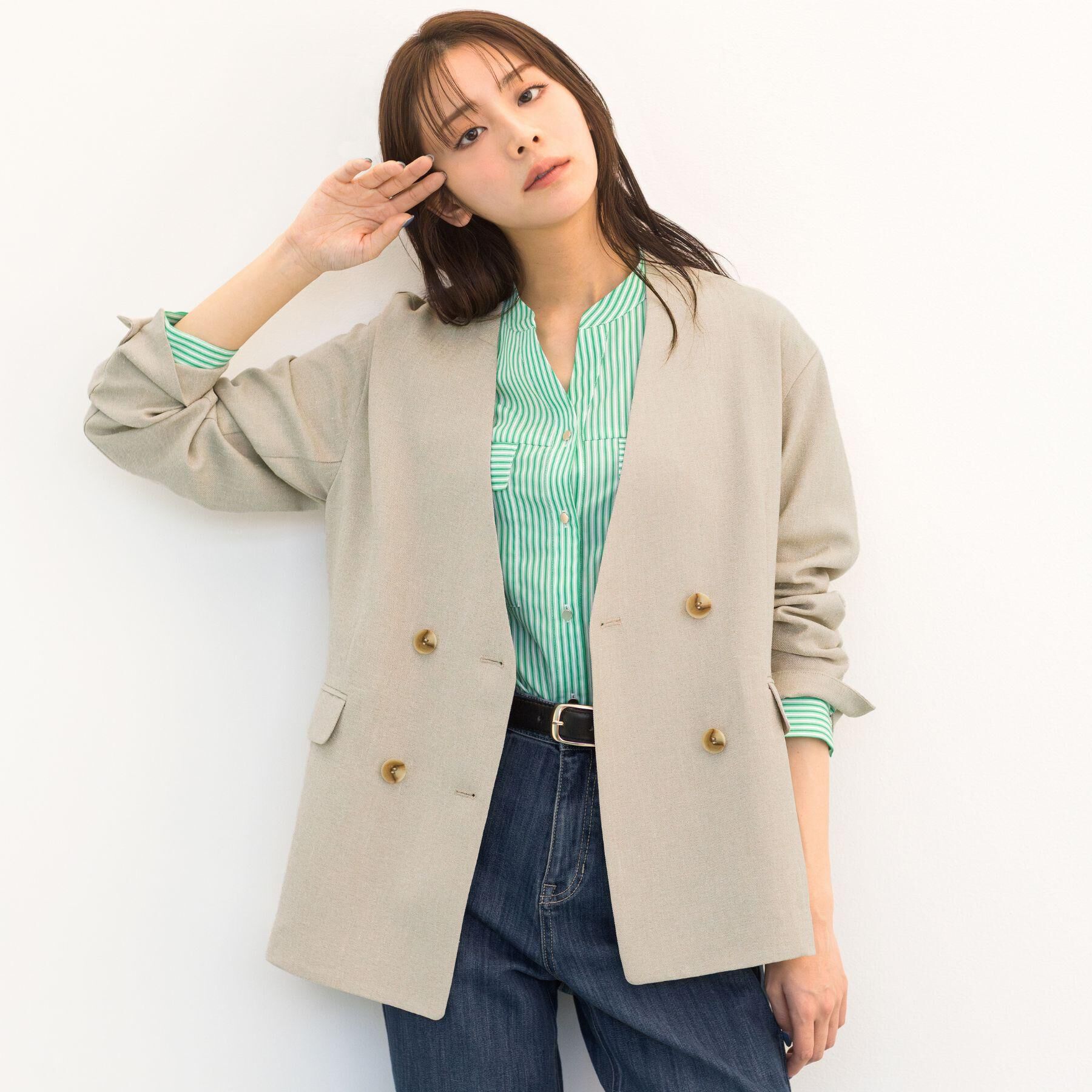 grove「【貴島明日香さん着用】リネンライクカラーレスジャケット」|ノーカラージャケット|