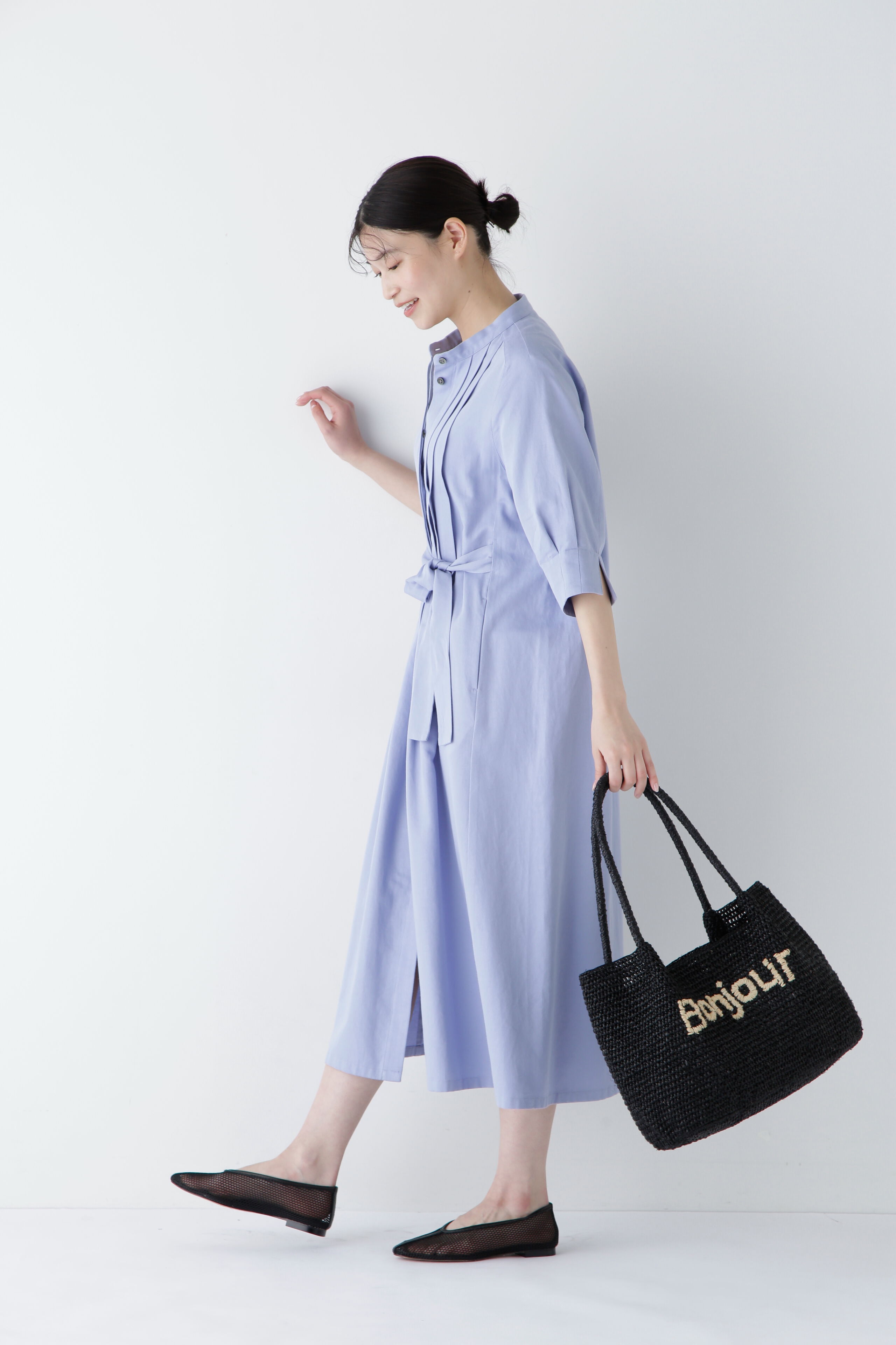  「◆コットンヘンプサテンハーフスリーブバンドカラーワンピース」|ワンピース|