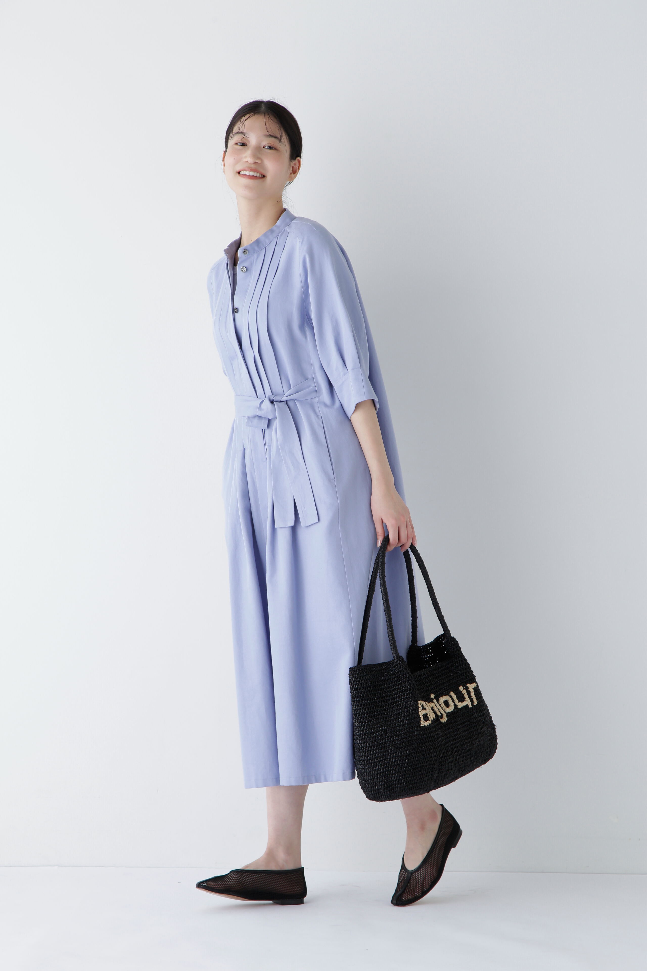  「◆コットンヘンプサテンハーフスリーブバンドカラーワンピース」|ワンピース|