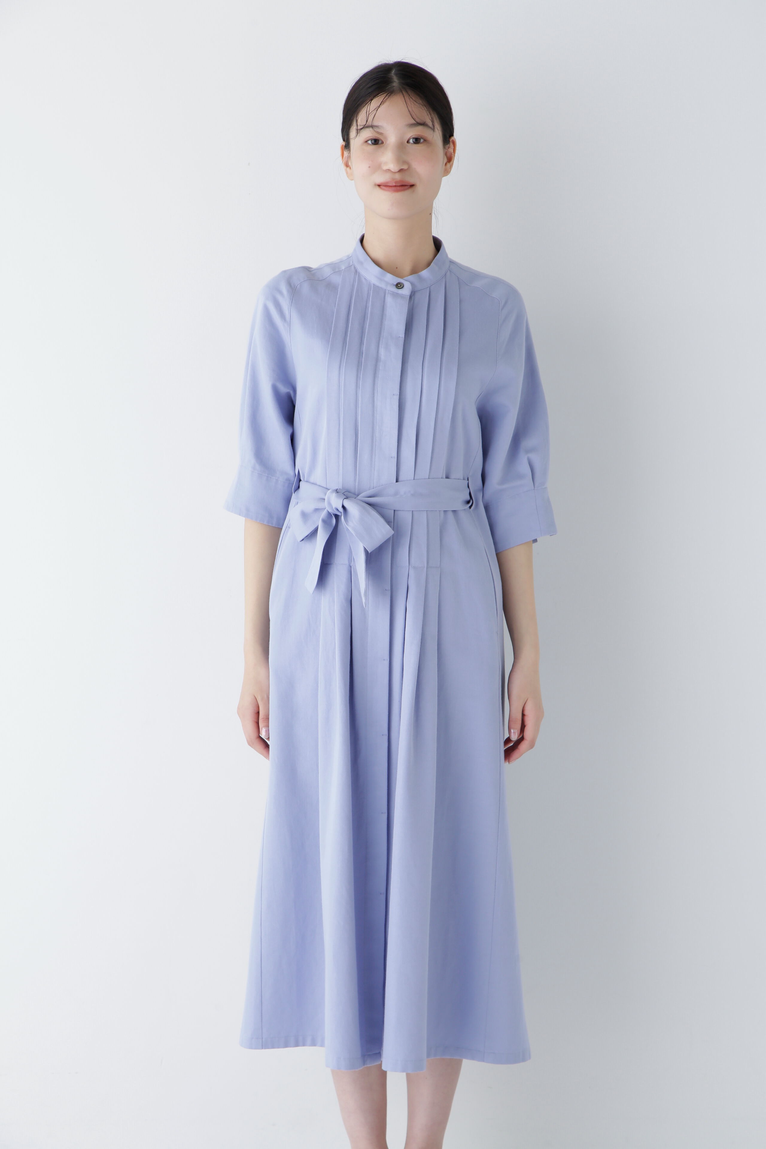  「◆コットンヘンプサテンハーフスリーブバンドカラーワンピース」|ワンピース|