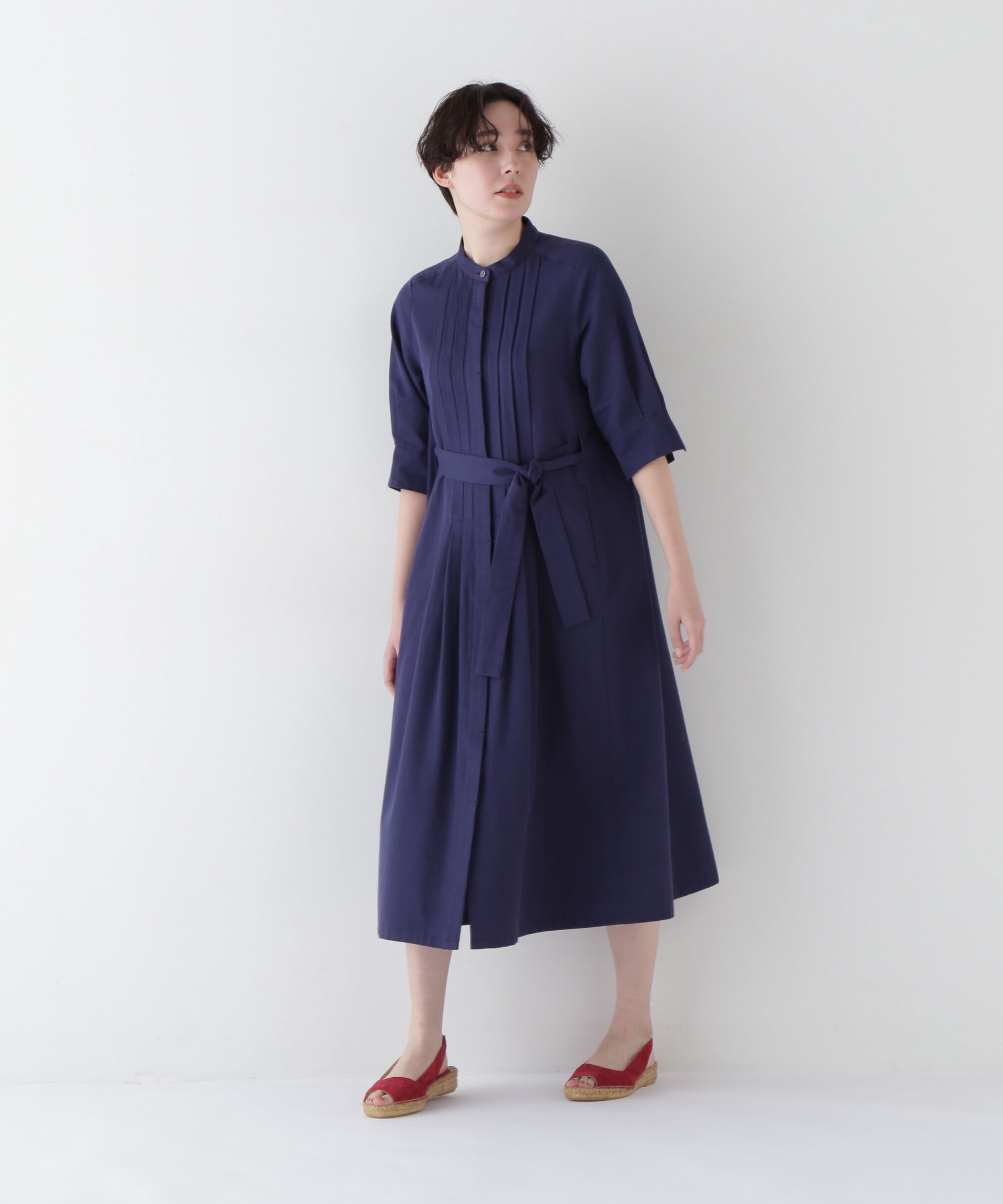  「◆コットンヘンプサテンハーフスリーブバンドカラーワンピース」|ワンピース|