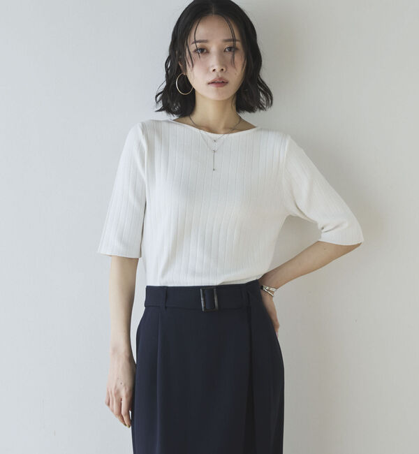 Doux archives「針抜き編み五分袖ニットトップス」|ニット・セーター|OFF WHITE