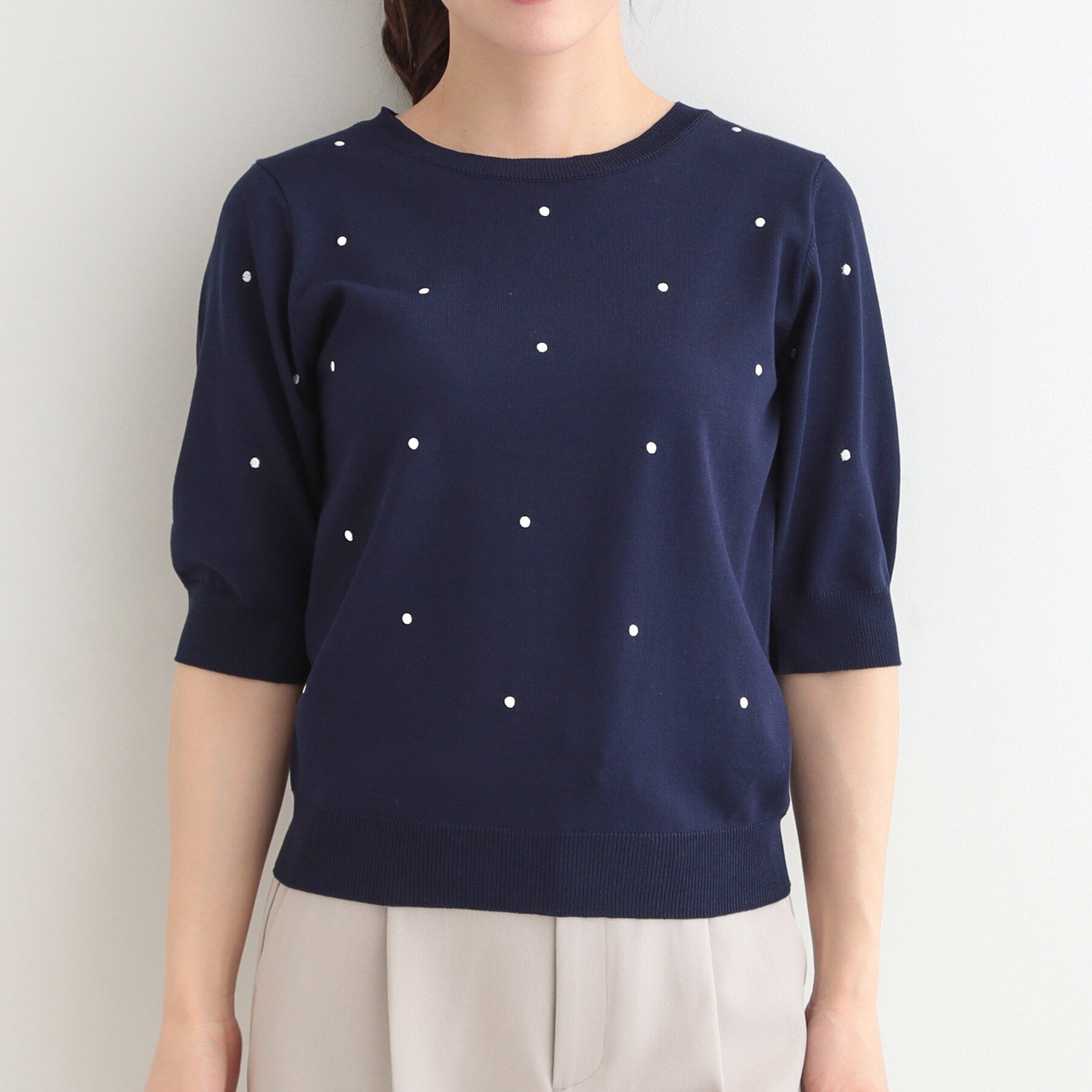 SHOO･LA･RUE「【S-LL】大人かわいい　ドット刺繍5分袖ニット」|ニット・セーター|