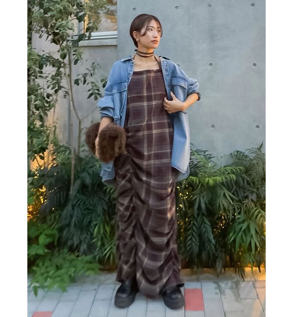 Ungrid「シャーリングデザインチェックワンピース」|ワンピース|