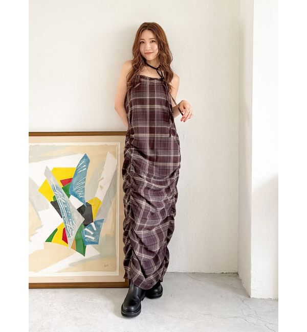 Ungrid「シャーリングデザインチェックワンピース」|ワンピース|ボルドー