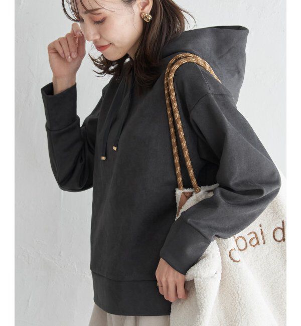 ikka「GOKU楽フェイクスエードフードパーカー」|パーカー|ブラック