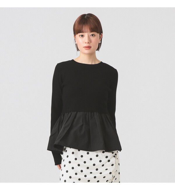 Ray BEAMS 「リブ ギャザー キリカエ クルーネック トップス」|ニット・セーター|BLACK