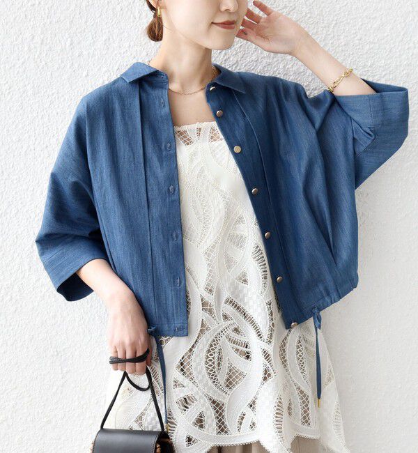SHIPS for women「《一部追加予約》【WEB限定】〈手洗い可能〉デニム ライク タック 裾 ドロスト 羽織 シャツ」|シャツ・ブラウス|