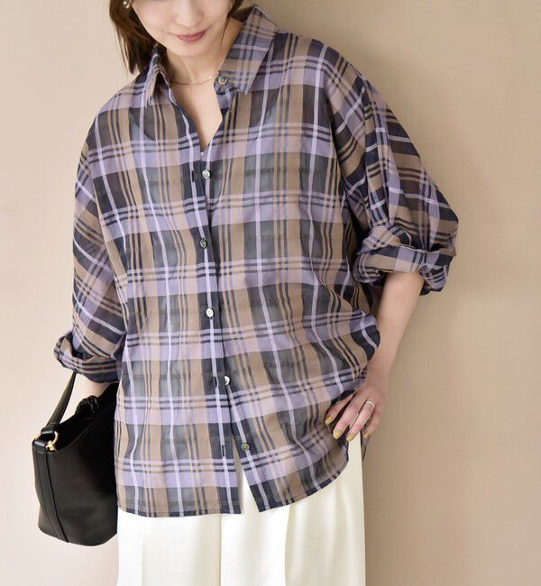 quaranciel「quaranciel:〈手洗い可能〉シアー チェック ドルマン ビッグ レギュラー シャツ」|シャツ・ブラウス|パープル