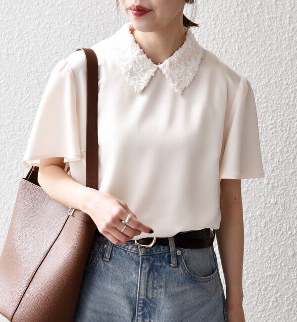 SHIPS any「《予約》SHIPS any:〈洗濯機可能〉サテン レースカラー ショートスリーブ ブラウス」|シャツ・ブラウス|