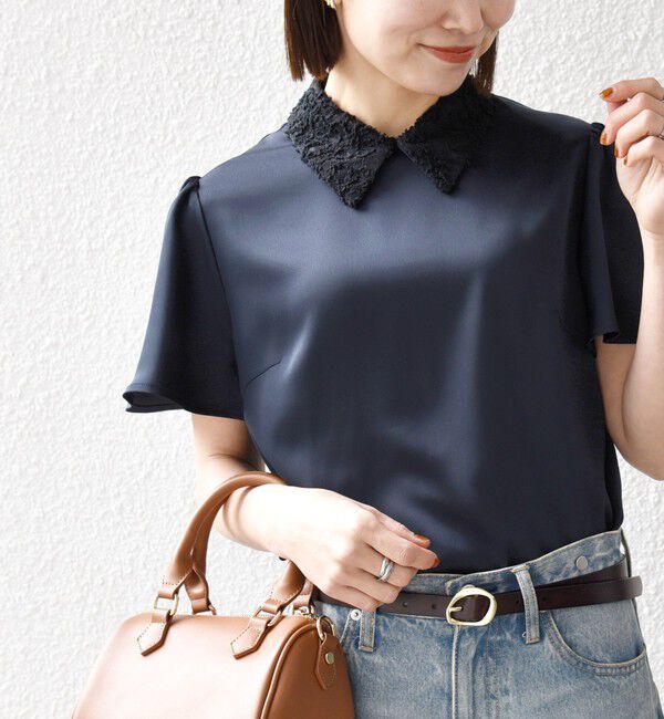 SHIPS any「《予約》SHIPS any:〈洗濯機可能〉サテン レースカラー ショートスリーブ ブラウス」|シャツ・ブラウス|