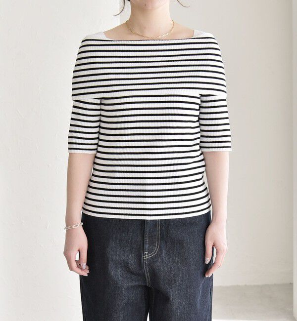 quaranciel「《予約》quaranciel:〈洗濯機可能〉オフショルダー ハーフスリーブ リブ ニット」|ニット・セーター|