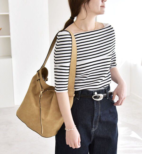 quaranciel「《予約》quaranciel:〈洗濯機可能〉オフショルダー ハーフスリーブ リブ ニット」|ニット・セーター|