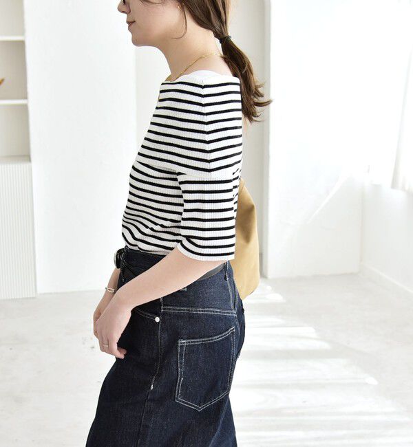 quaranciel「《予約》quaranciel:〈洗濯機可能〉オフショルダー ハーフスリーブ リブ ニット」|ニット・セーター|