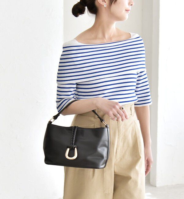 quaranciel「《予約》quaranciel:〈洗濯機可能〉オフショルダー ハーフスリーブ リブ ニット」|ニット・セーター|