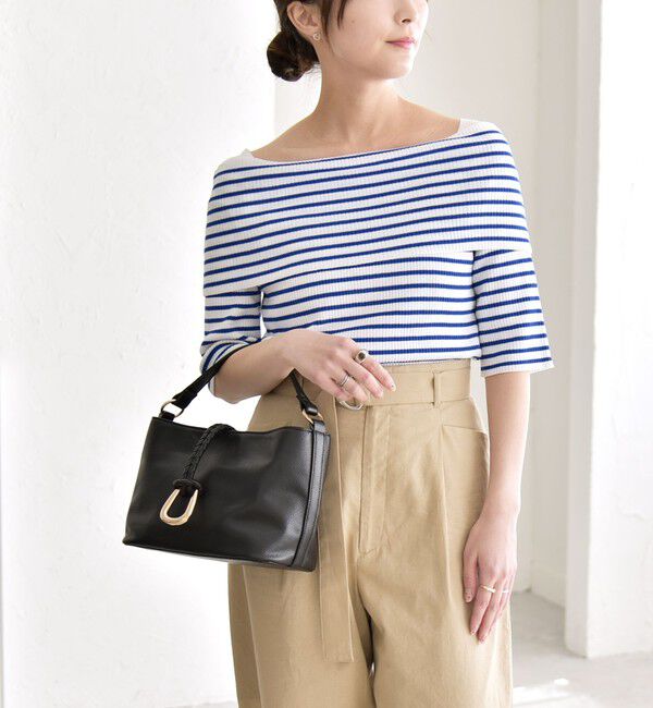 quaranciel「《予約》quaranciel:〈洗濯機可能〉オフショルダー ハーフスリーブ リブ ニット」|ニット・セーター|