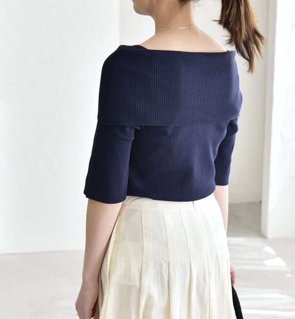 quaranciel「《予約》quaranciel:〈洗濯機可能〉オフショルダー ハーフスリーブ リブ ニット」|ニット・セーター|