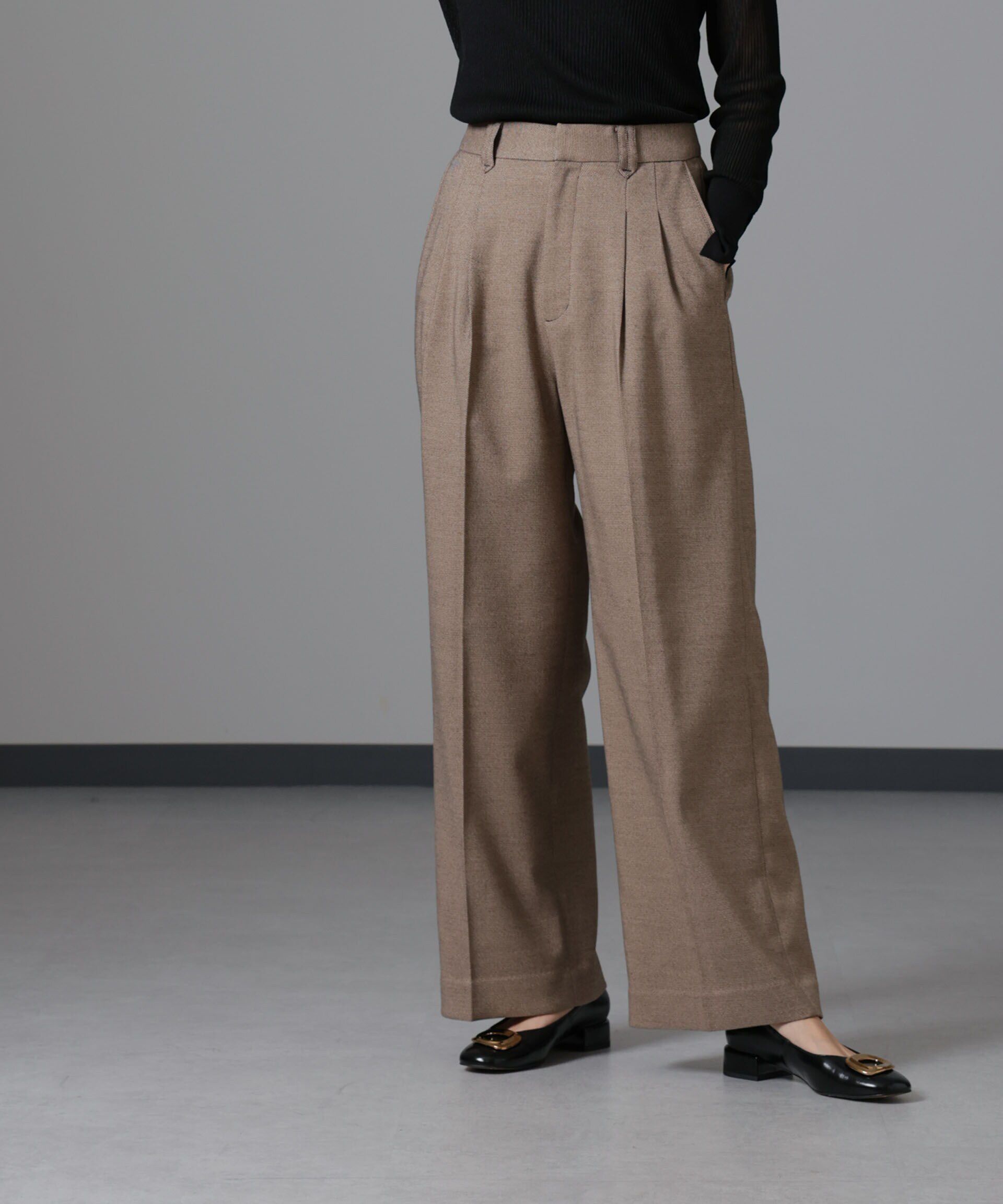 nano･universe「ツイードセミワイドタックパンツ(セットアップ可)」|チノ|ベージュ