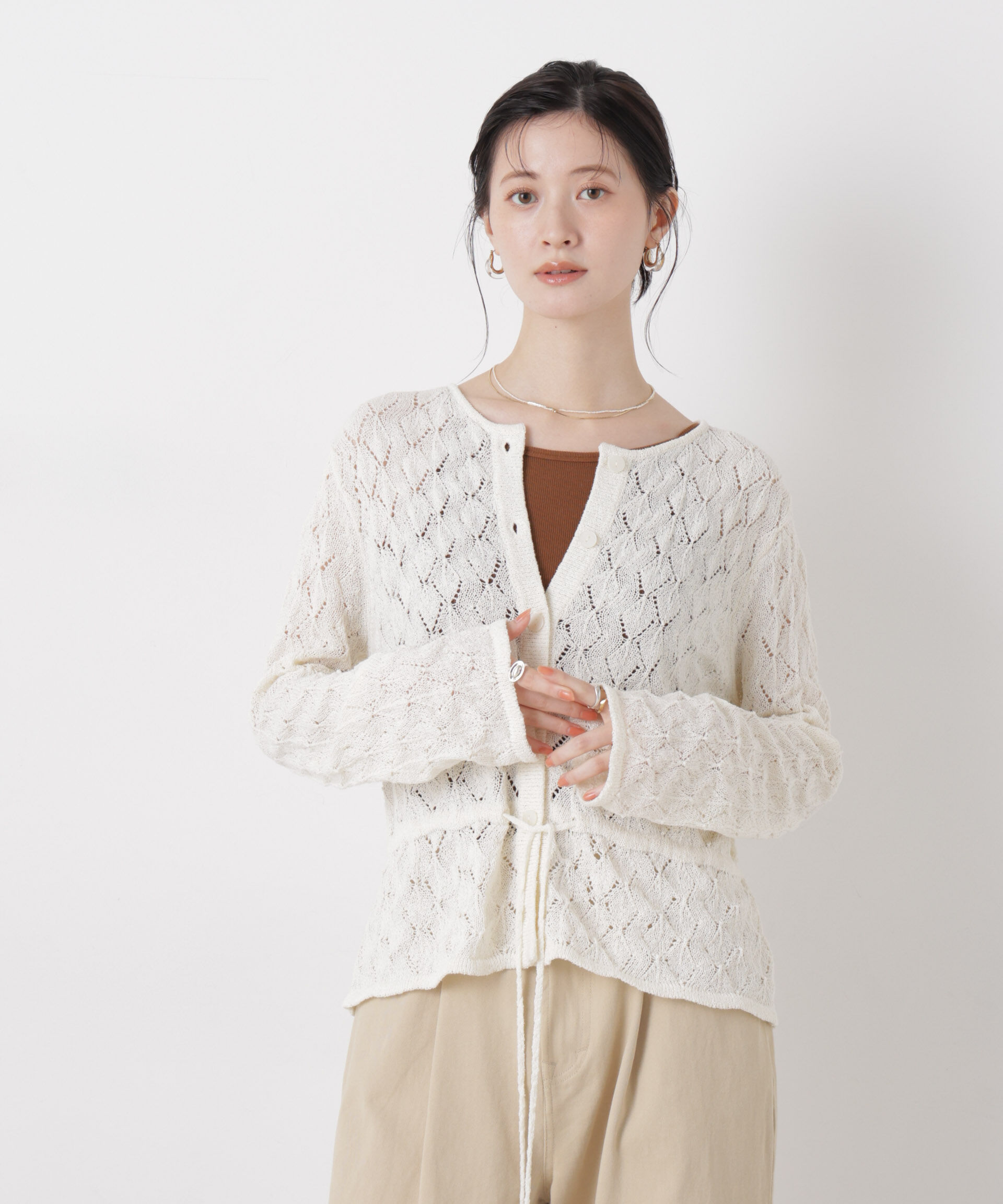 nano･universe「透かし柄ペプラムニットカーディガン」|ニット・セーター|