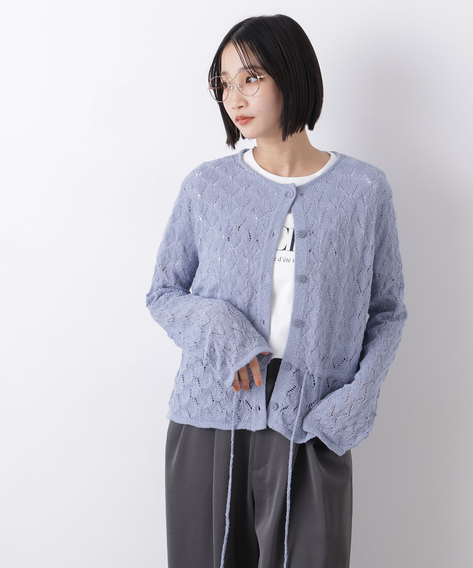 nano･universe「透かし柄ペプラムニットカーディガン」|ニット・セーター|ブルー