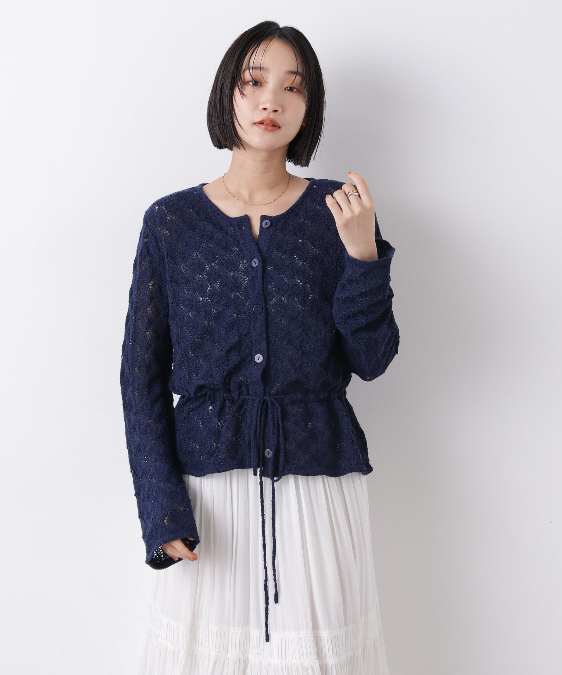 nano･universe「透かし柄ペプラムニットカーディガン」|ニット・セーター|ネイビー
