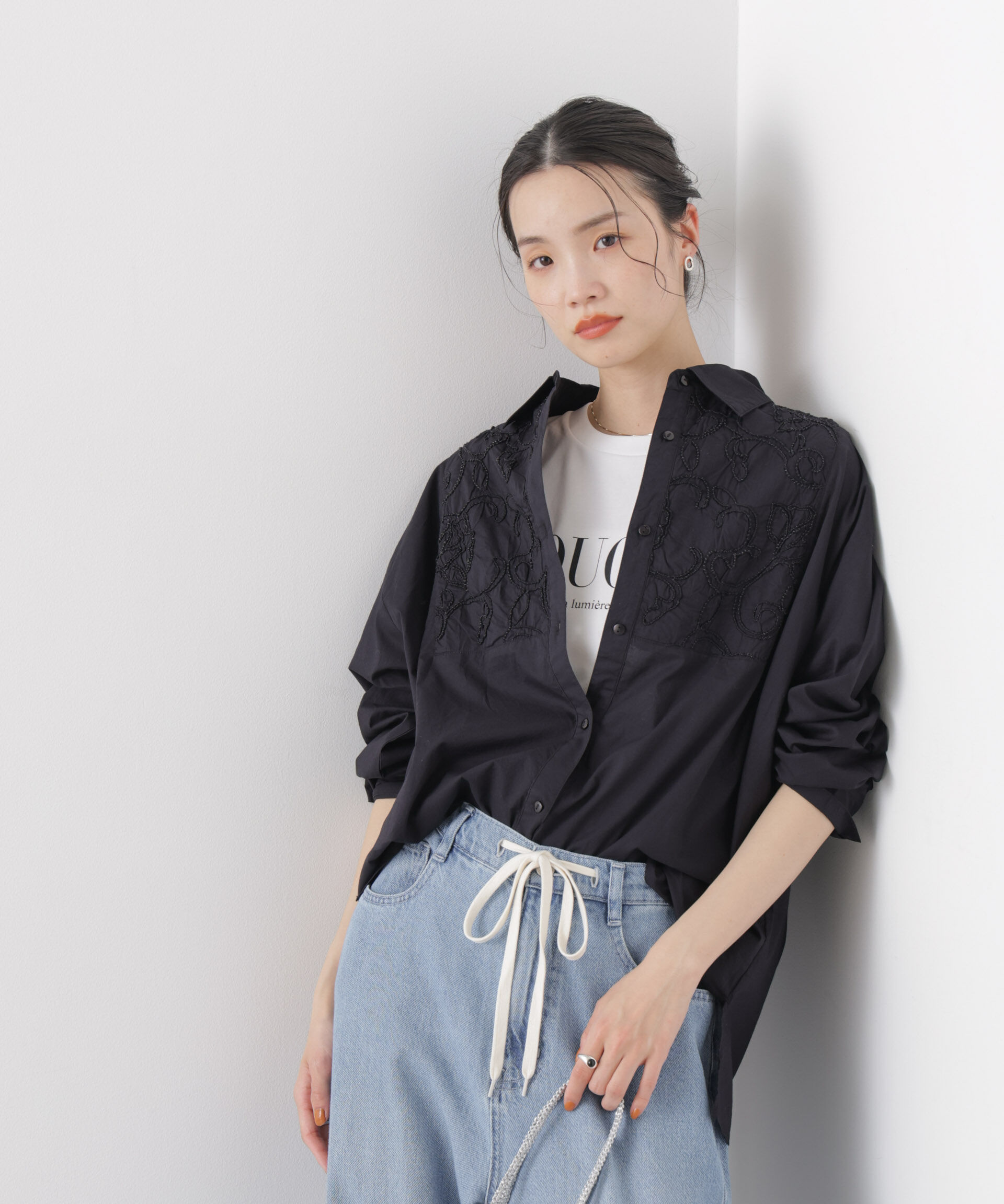 nano･universe「made in INDIA エンブロイダリーヨークシャツ」|シャツ・ブラウス|ブラック