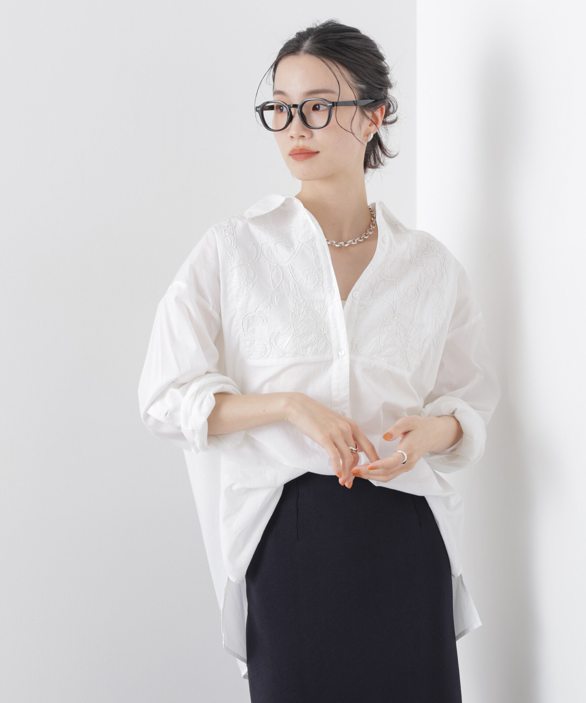 nano･universe「made in INDIA エンブロイダリーヨークシャツ」|シャツ・ブラウス|ホワイト