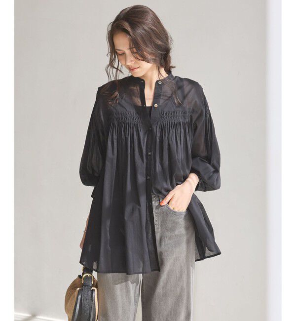 23区「【SLOW/一部店舗限定】コットンボイル ギャザー ブラウス」|シャツ・ブラウス|ブラック系