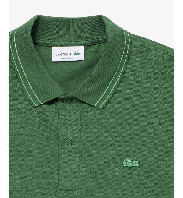 LACOSTE「ストライプリブニットカラーストレッチ鹿の子 半袖ポロシャツ」|ポロシャツ|
