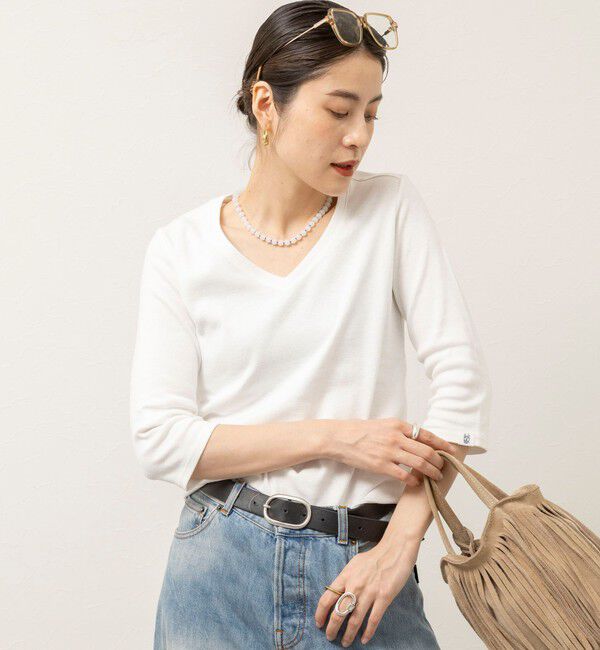 MAQWEL「【MAQWEL/マクウェル】ウォッシャブルCOTTON RIB 7分袖VネックTシャツ」|Tシャツ・カットソー|オフホワイト