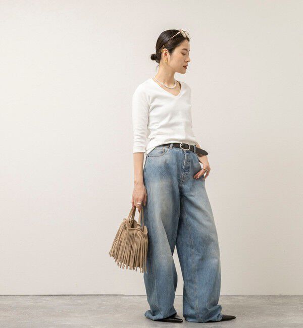 MAQWEL「【MAQWEL/マクウェル】ウォッシャブルCOTTON RIB 7分袖VネックTシャツ」|Tシャツ・カットソー|