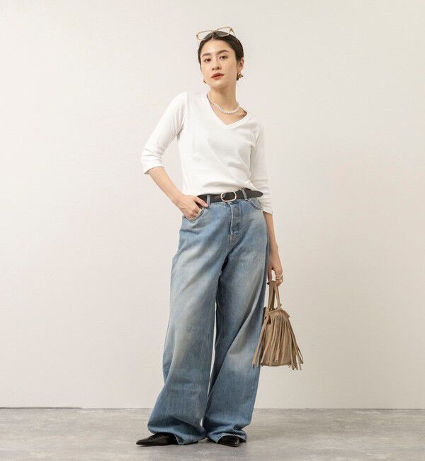 MAQWEL「【MAQWEL/マクウェル】ウォッシャブルCOTTON RIB 7分袖VネックTシャツ」|Tシャツ・カットソー|