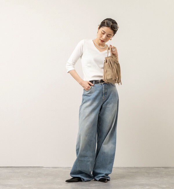 MAQWEL「【MAQWEL/マクウェル】ウォッシャブルCOTTON RIB 7分袖VネックTシャツ」|Tシャツ・カットソー|